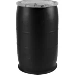 30 Gallon Black Plastic Drum, Cover w/Plastic Lever Lock, UN Rated, 2″ & 3/4″ Fittings