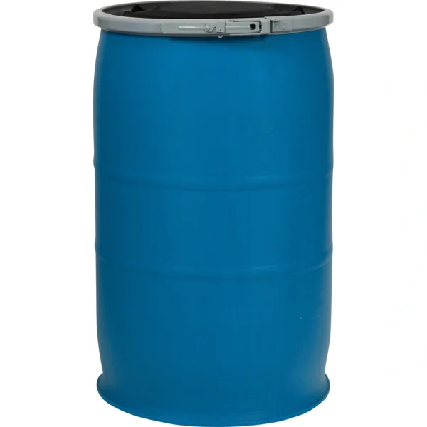 30 Gallon Blue Plastic Drum, UN Rated, Cover w/Plastic Lever Lock
