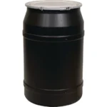 55 Gallon Black Plastic Drum, UN Rated, Cover w/Metal Lever Lock
