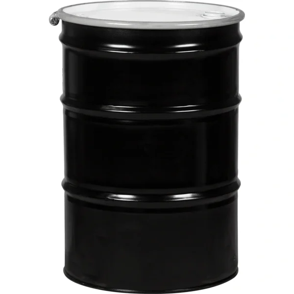 55 Gallon Steel Drum, Black, UN Rated, Lined, Cover w/Bolt Ring, 2″ & 3/4″ Fittings