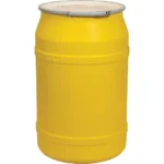 55 Gallon Yellow Plastic Drum, UN Rated, Cover w/Metal Lever Lock, 2″ & 3/4″ Fittings