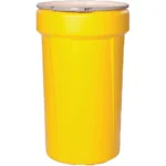 55 Gallon Yellow Plastic Drum, Taper Sided, UN Rated, Cover w/Metal Lever Lock