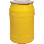 55 Gallon Yellow Plastic Drum, UN Rated, Cover w/Metal Lever Lock, 2″ & 2″ Fittings