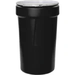 55 Gallon Black Plastic Drum, Taper Sided, UN Rated, Cover w/Metal Lever Lock, 2″ & 3/4″ Fittings