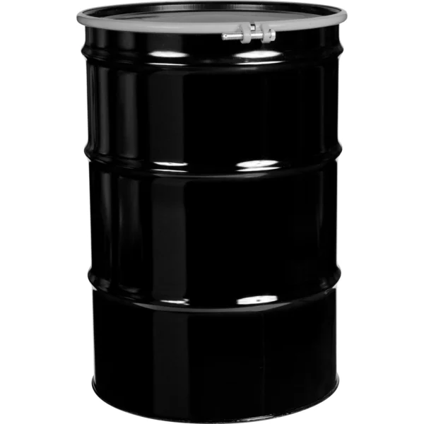 55 Gallon Steel Drum, Black, UN Rated, Lined, 20GA, Cover w/Bolt Ring