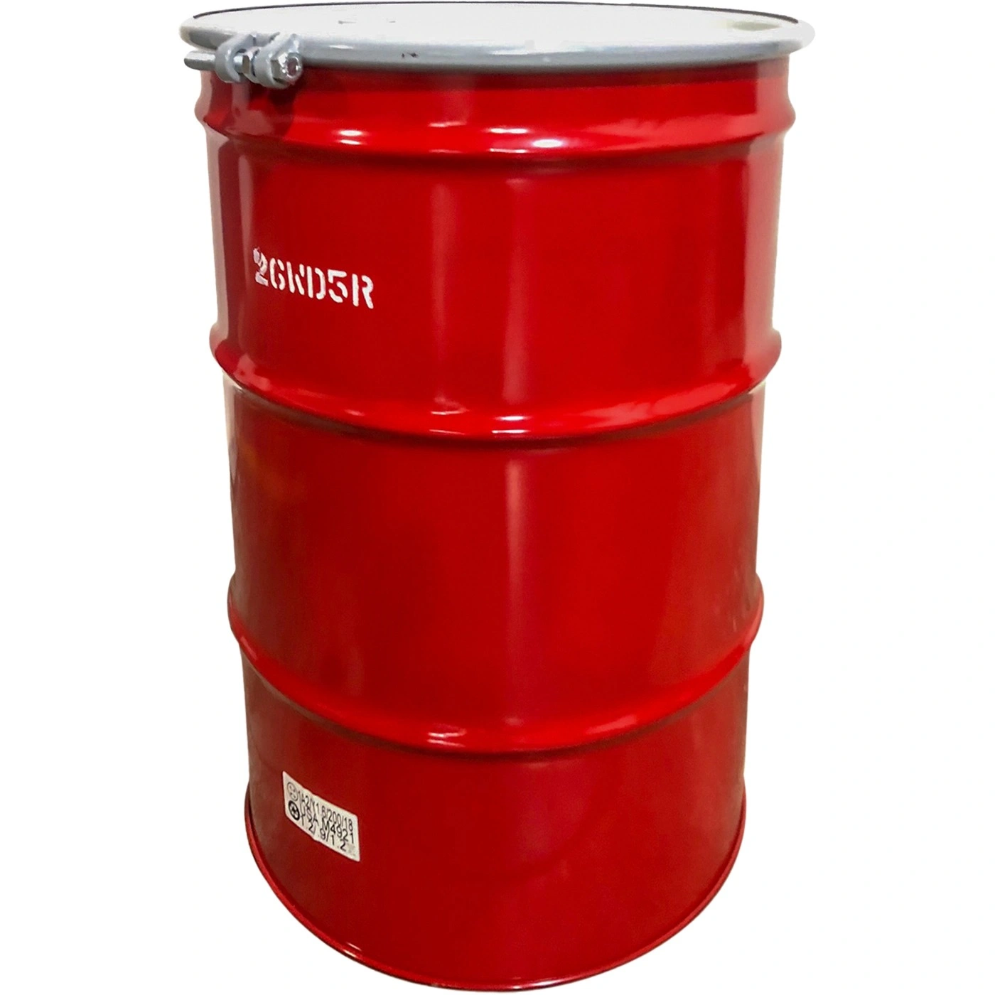 55 Gallon Steel Drum, Red, UN Rated, Unlined, 20GA, Cover w/Bolt Ring, 2″ & 3/4″ Fittings - Image 1