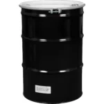 55 Gallon Steel Open Head Drum, Black, Unlined, UN Rated, White Cover w/Bolt Ring, 2″ & 3/4″ Fittings