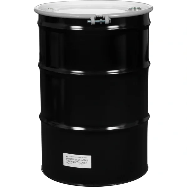 55 Gallon Steel Open Head Drum, Black, Unlined, UN Rated, White Cover w/Bolt Ring, 2″ & 3/4″ Fittings