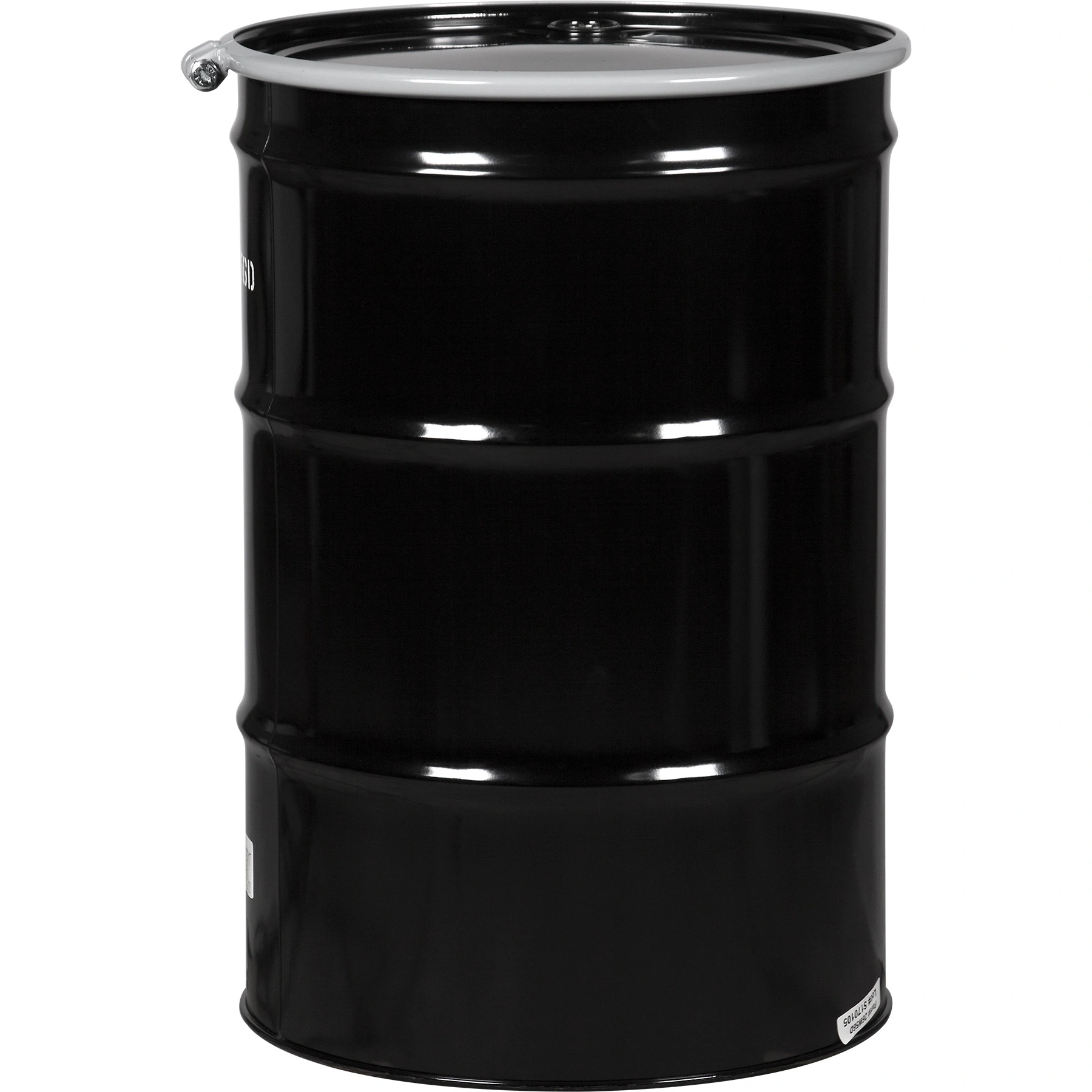 55 Gallon Steel Drum, Black, UN Rated, Unlined, 20GA, Cover w/Bolt Ring, 2″ & 3/4″ Fittings - Image 1