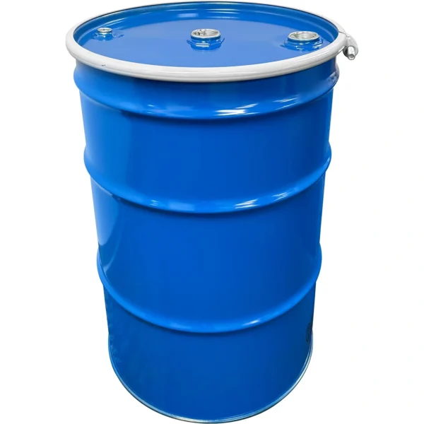 55 Gallon Steel Drum, Blue, UN Rated, Unlined, Blue Cover w/Bolt Ring, Two 2″ Fittings & One 3/4″ Fitting