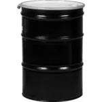 55 Gallon Steel Drum, Black, Reconditioned, UN Rated, Lined, Cover w/Bolt Ring, 2″ & 3/4″ Fittings