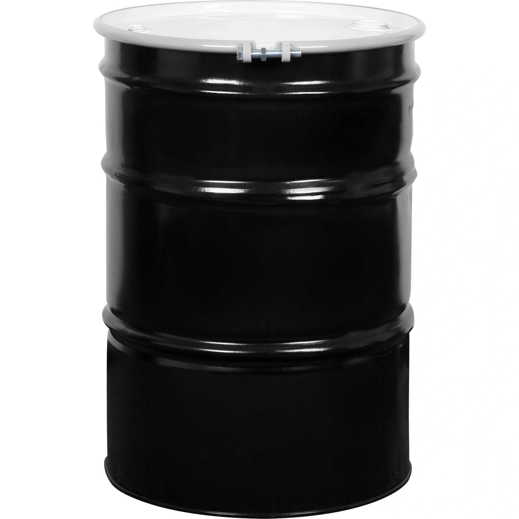 55gal-steel-drum_black_reconditioned_un-rated_unlined_cover-with-bolt-ring_2in-and-0.7.webp 55 Gallon Steel Drum, Black, Reconditioned, UN Rated, Unlined, Cover wBolt Ring, 2 & 34 Fittings - Image 1