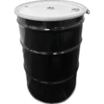 55 Gallon Steel Drum, Black, UN Rated, Unlined, White Cover w/Bolt Ring, Two 2″ Fittings & One 3/4″ Fitting