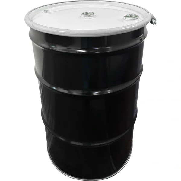 55 Gallon Steel Drum, Black, UN Rated, Unlined, White Cover w/Bolt Ring, Two 2″ Fittings & One 3/4″ Fitting