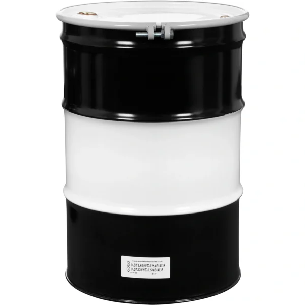 55 Gallon Steel Drum, UN Rated, Lined, Cover w/Bolt Ring, 2″ & 3/4″ Fittings