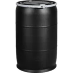 57 Gallon Black Plastic Drum, UN Rated, 2″ & 3/4″ Fittings, Cover w/Lever Lock Ring