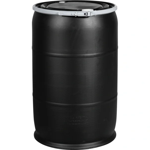57 Gallon Black Plastic Drum, UN Rated, 2″ & 3/4″ Fittings, Cover w/Lever Lock Ring