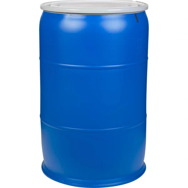 57 Gallon Blue Plastic Drum, UN Rated, Cover w/Bolt Ring
