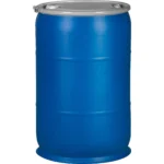 57 Gallon Blue Plastic Drum, UN Rated, 2″ & 3/4″ Fittings, Cover w/Lever Lock Ring Closure