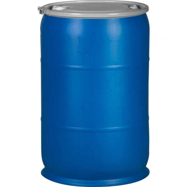 57 Gallon Blue Plastic Drum, UN Rated, 2″ & 3/4″ Fittings, Cover w/Lever Lock Ring Closure
