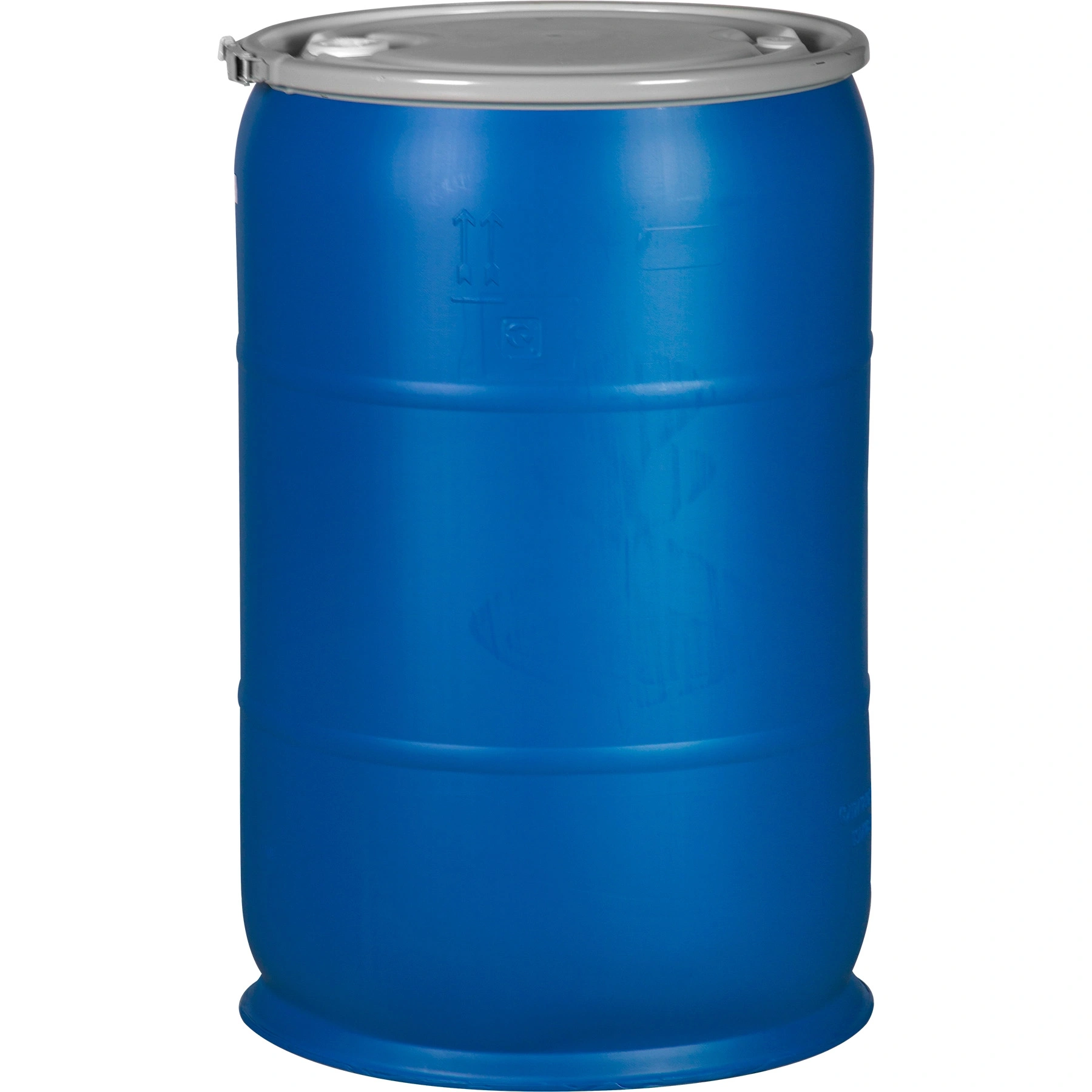57 Gallon Blue Plastic Drum, UN Rated, 2″ & 3/4″ Fittings, Cover w/Lever Lock Ring Closure - Image 1