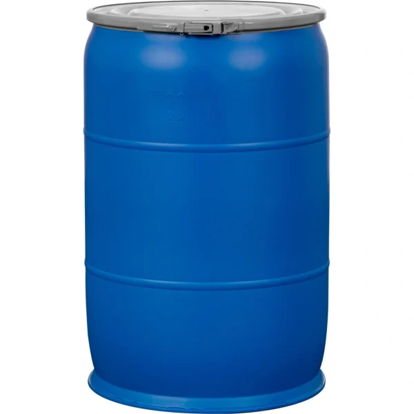 57 Gallon Blue Open Head Plastic Drum, UN Rated, Plain Natural Cover w/Lever Lock Ring