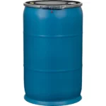 57 Gallon Blue Plastic Drum, UN Rated, 2” & 3/4” Fittings, Black Cover w/Lever Lock Ring