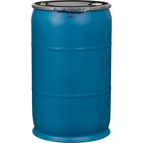 57 Gallon Blue Plastic Drum, UN Rated, 2” & 3/4” Fittings, Black Cover w/Lever Lock Ring