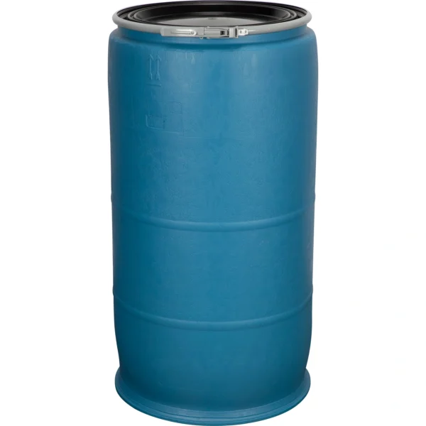 77 Gallon Blue Plastic Drum, Cover w/Lever Lock Ring Closure